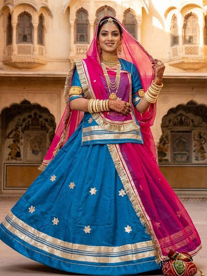 Pink Blue Premium Silk Crepe Rajputi Poshak with Traditional Lafa and Sequence Work-91888