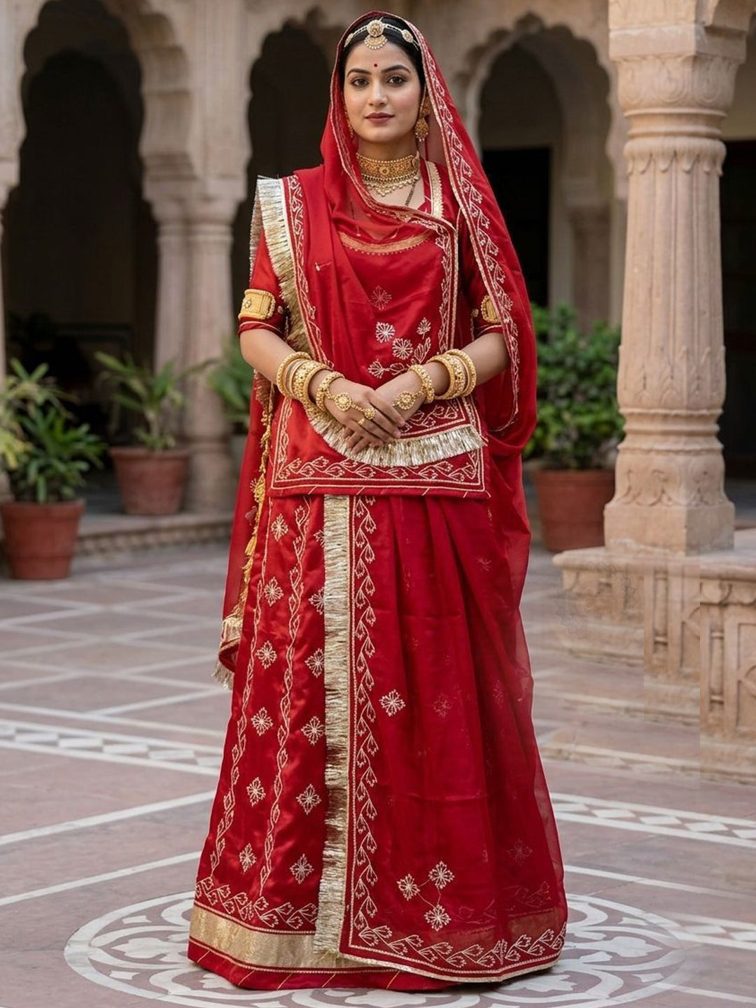 Red Premium Silk Crepe Rajputi Poshak with Traditional Lafa and Gota Work-91885