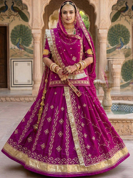 Purple Premium Silk Crepe Rajputi Poshak with Traditional Lafa and Gota Work-91884