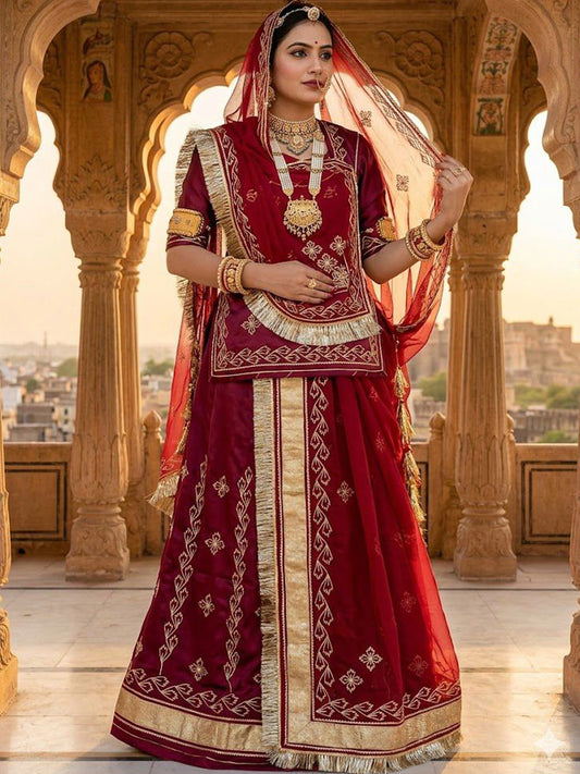 Maroon Premium Silk Crepe Rajputi Poshak with Traditional Lafa and Gota Work-91883