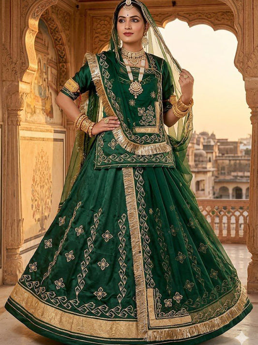 Green Premium Silk Crepe Rajputi Poshak with Traditional Lafa and Gota Work-91882