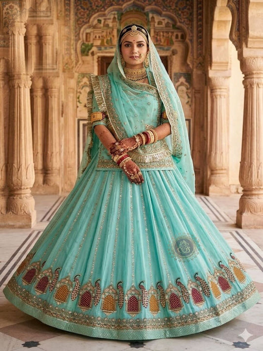 Green Premium Fendi Silk Rajputi Poshak – 5 Meter Flare Wedding Wear for Women-91901