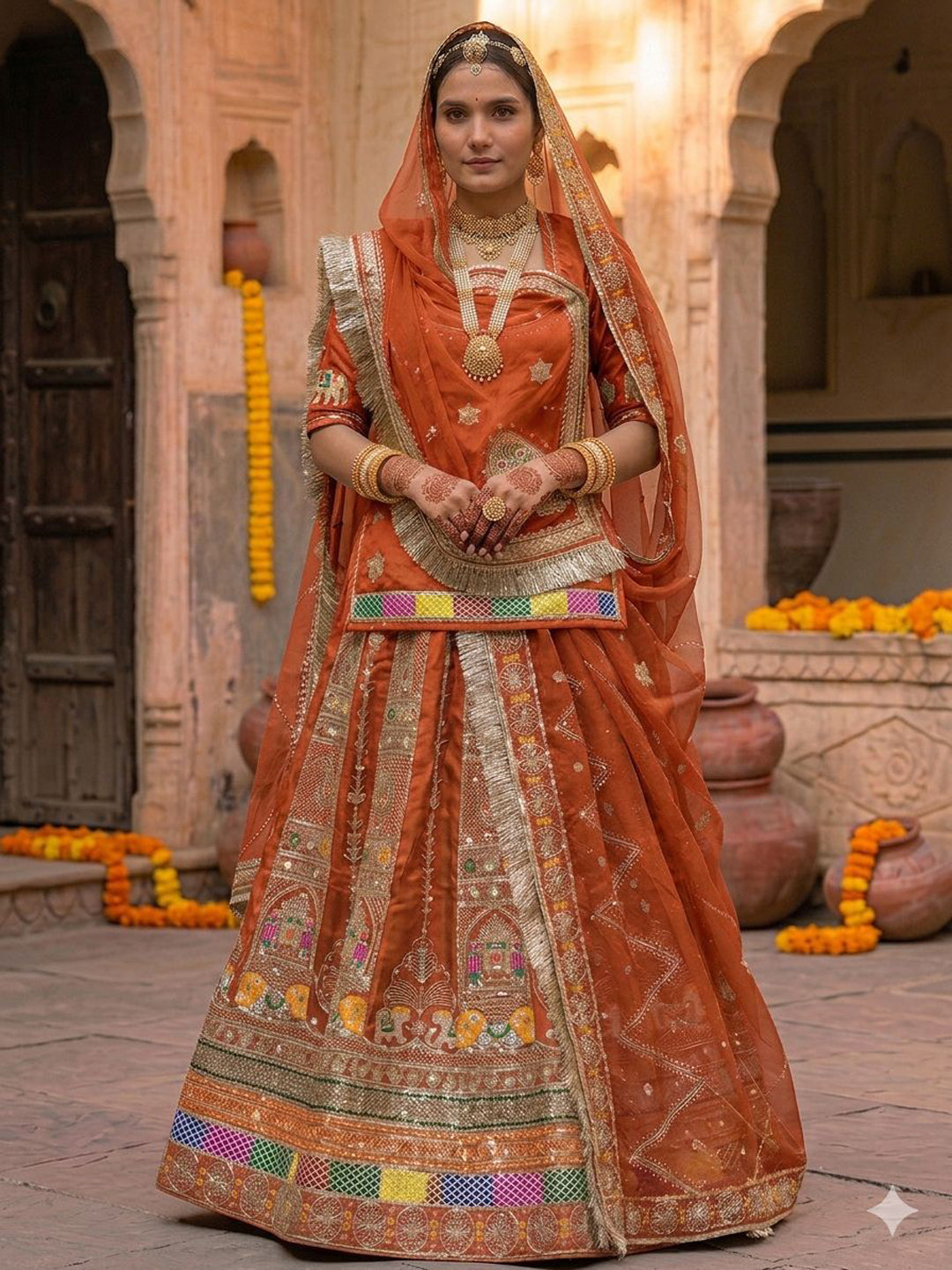 Orange Premium Vintage Georgette Rajputi Poshak – 4 Meter Flare Wedding Wear for Women-91936