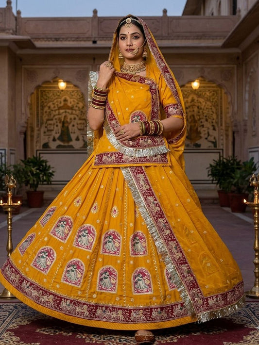 Yellow Premium Vintage Fandy Silk Rajputi Poshak – 4 Meter Flare Wedding Wear for Women-91942