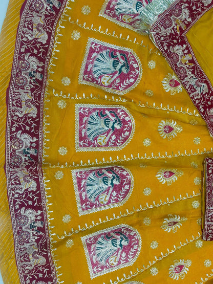 Yellow Premium Vintage Fandy Silk Rajputi Poshak – 4 Meter Flare Wedding Wear for Women-91942