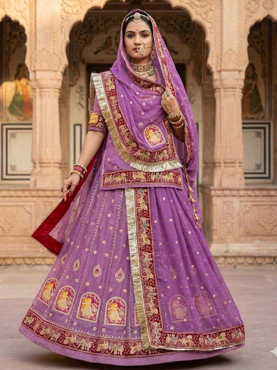 Purple Premium Vintage Fandy Silk Rajputi Poshak – 4 Meter Flare Wedding Wear for Women-91940