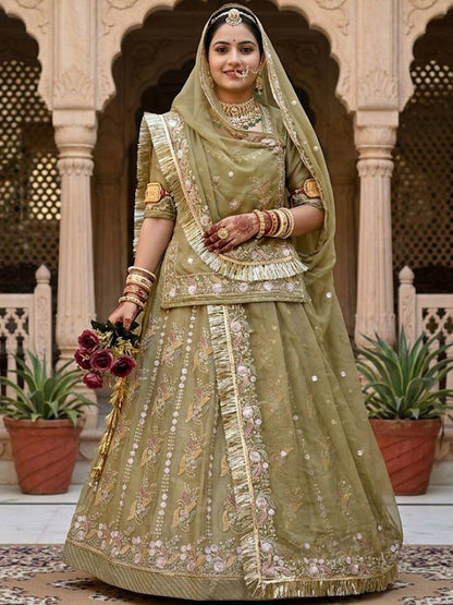 Mehandi Green Premium Tissue Organza Wedding Wear Rajputi Poshak for Women -91904