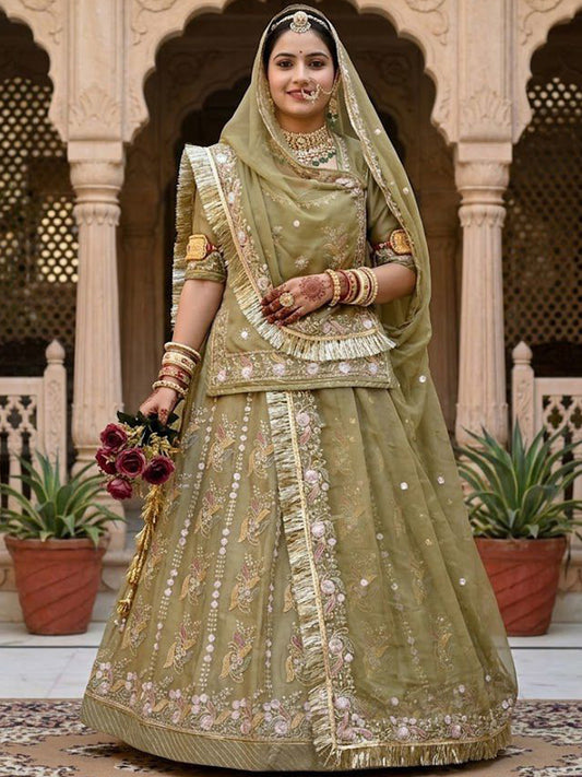 Mehandi Green Premium Tissue Organza Wedding Wear Rajputi Poshak for Women -91904