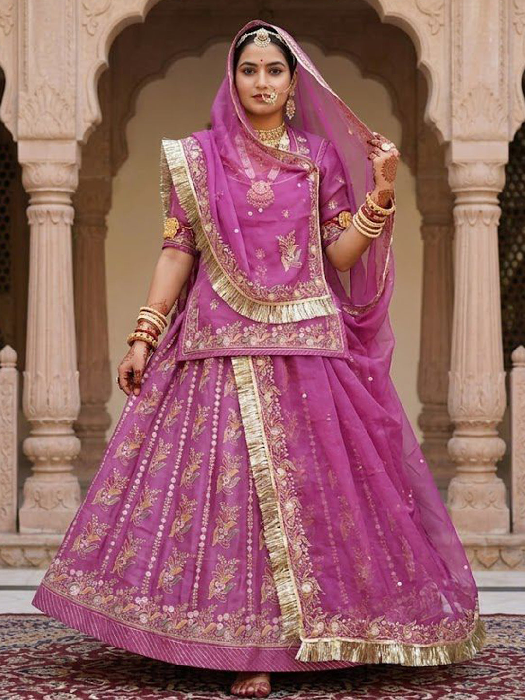 Pink Premium Tissue Organza Wedding Wear Rajputi Poshak for Women -91906