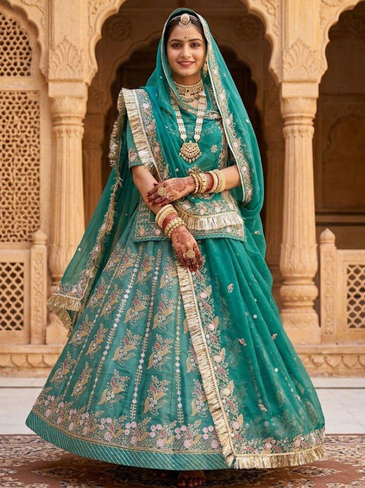Blue Premium Tissue Organza Wedding Wear Rajputi Poshak for Women -91905