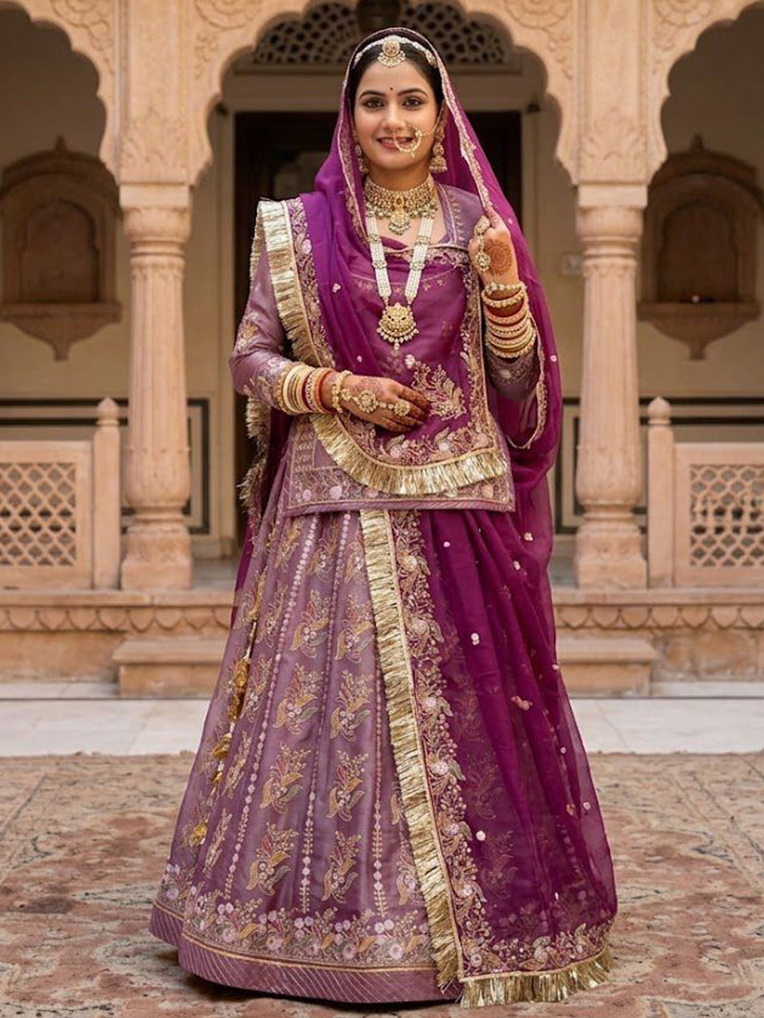 Purple Premium Tissue Organza Wedding Wear Rajputi Poshak for Women -91907