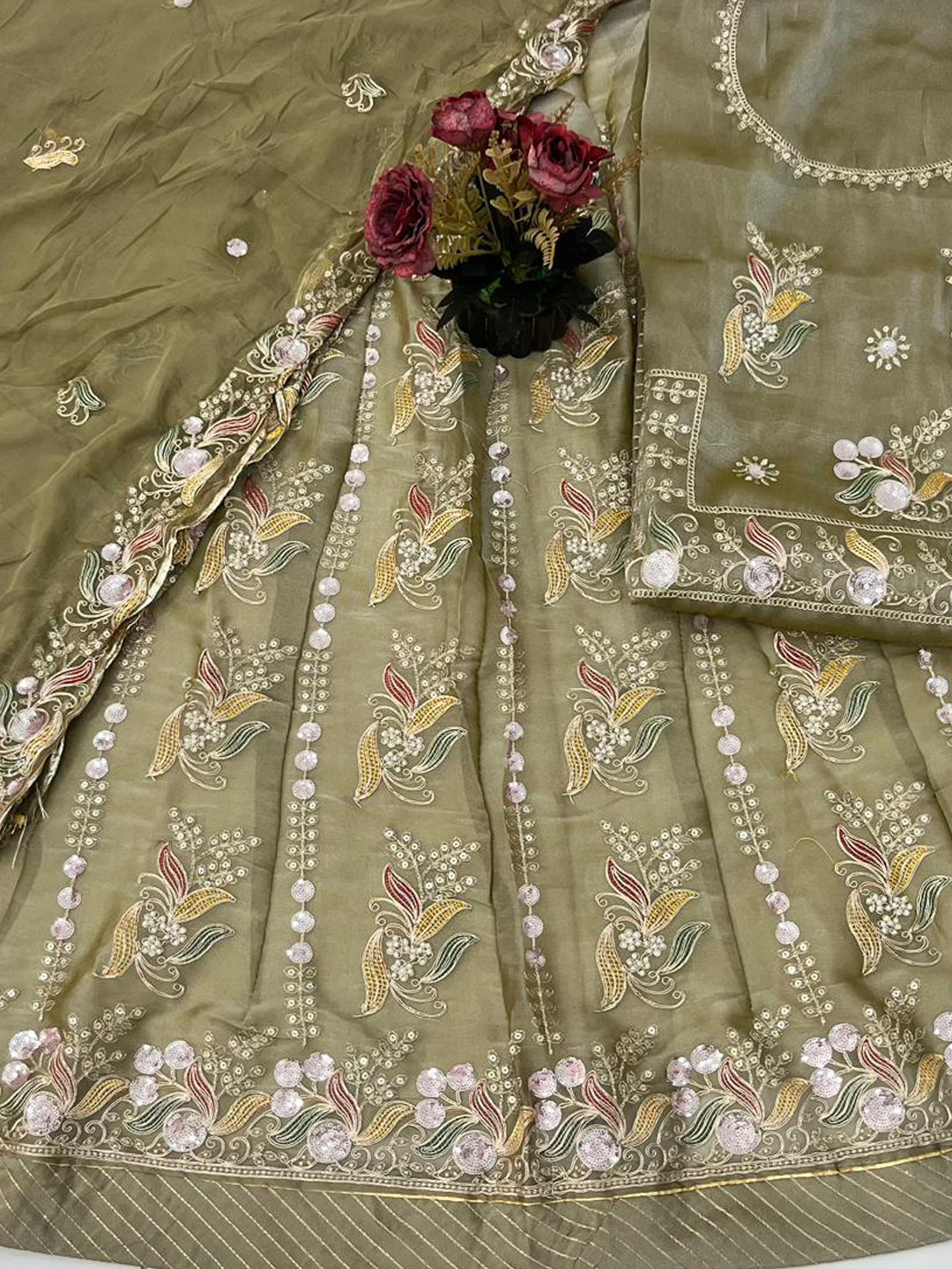 Mehandi Green Premium Tissue Organza Wedding Wear Rajputi Poshak for Women -91904