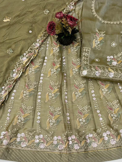 Mehandi Green Premium Tissue Organza Wedding Wear Rajputi Poshak for Women -91904