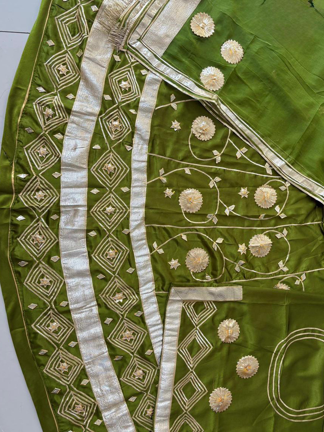 Mehendhi Green Premium Silk Crepe Rajputi Poshak with Traditional Lafa and Sequence Work-91932