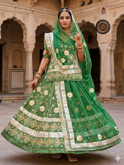 Mehendhi Green Premium Silk Crepe Rajputi Poshak with Traditional Lafa and Sequence Work-91932