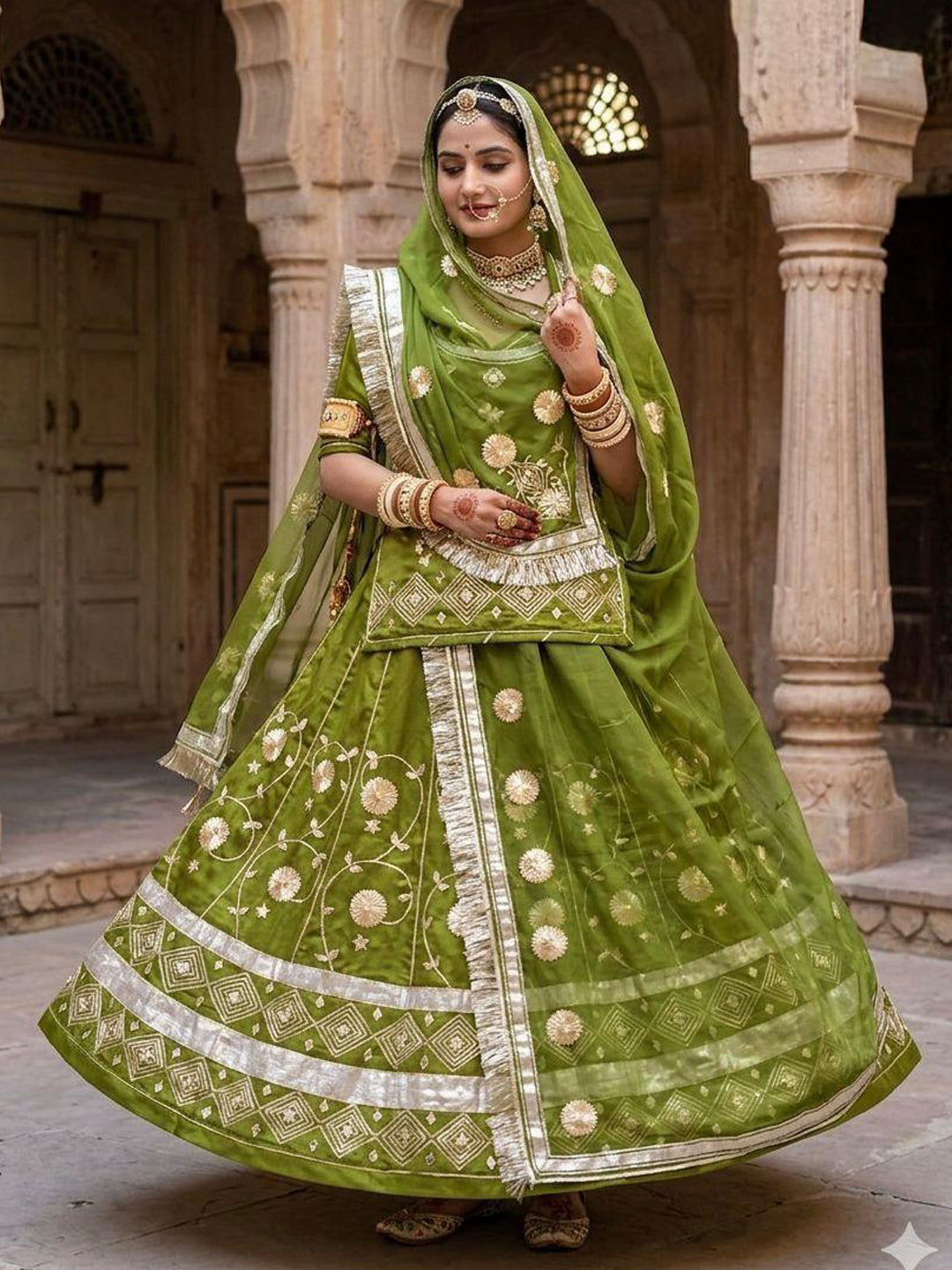 Mehendhi Green Premium Silk Crepe Rajputi Poshak with Traditional Lafa and Sequence Work-91931