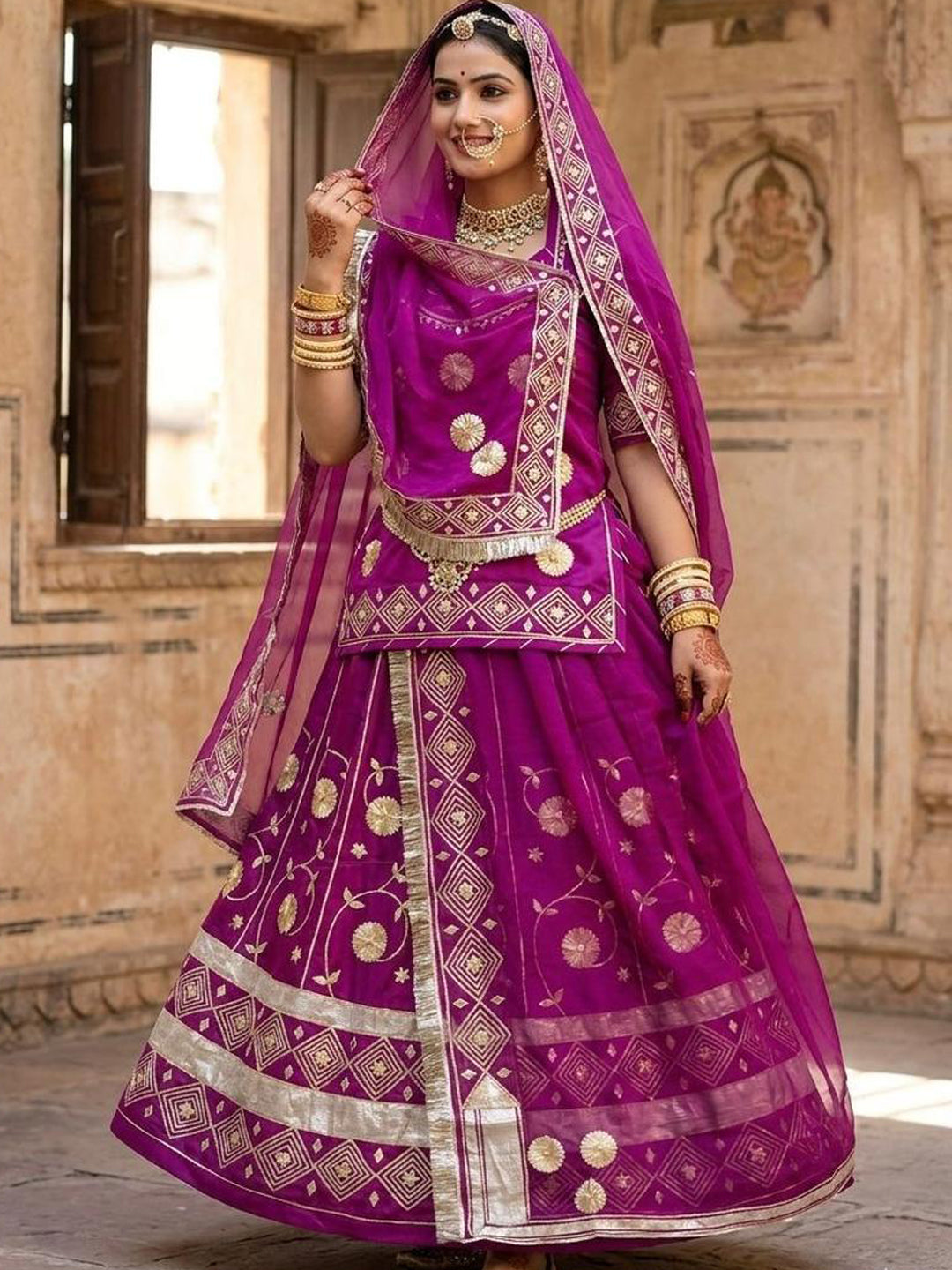 Purple Premium Silk Crepe Rajputi Poshak with Traditional Lafa and Sequence Work-91933