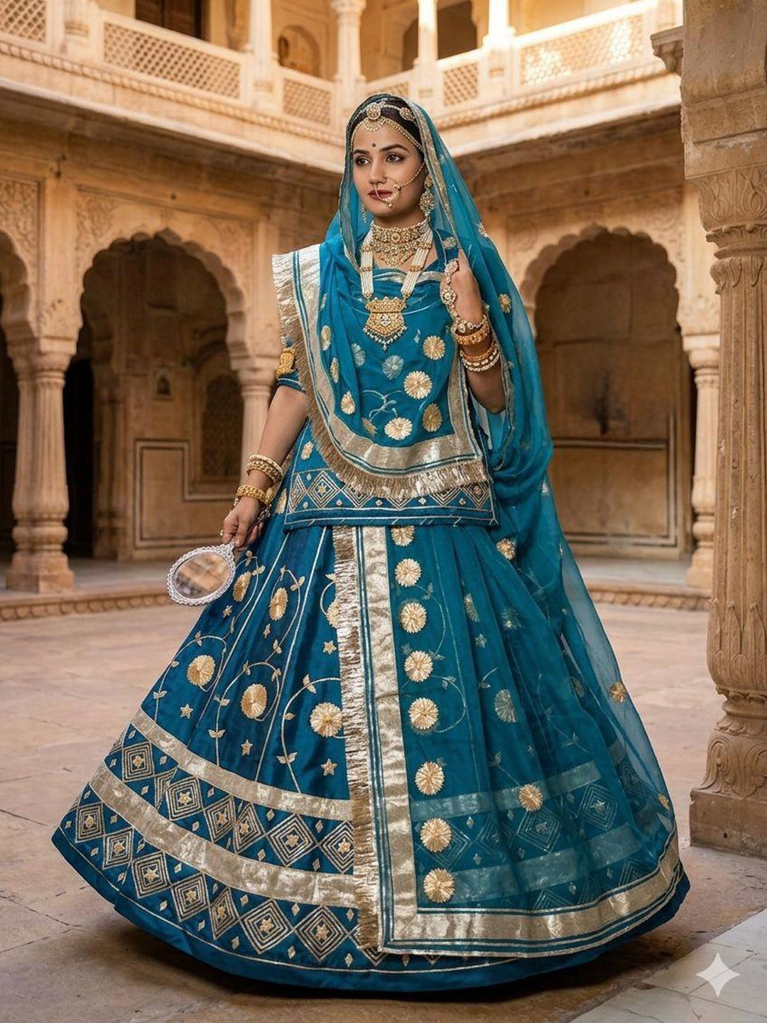 Blue Premium Silk Crepe Rajputi Poshak with Traditional Lafa and Sequence Work-91934
