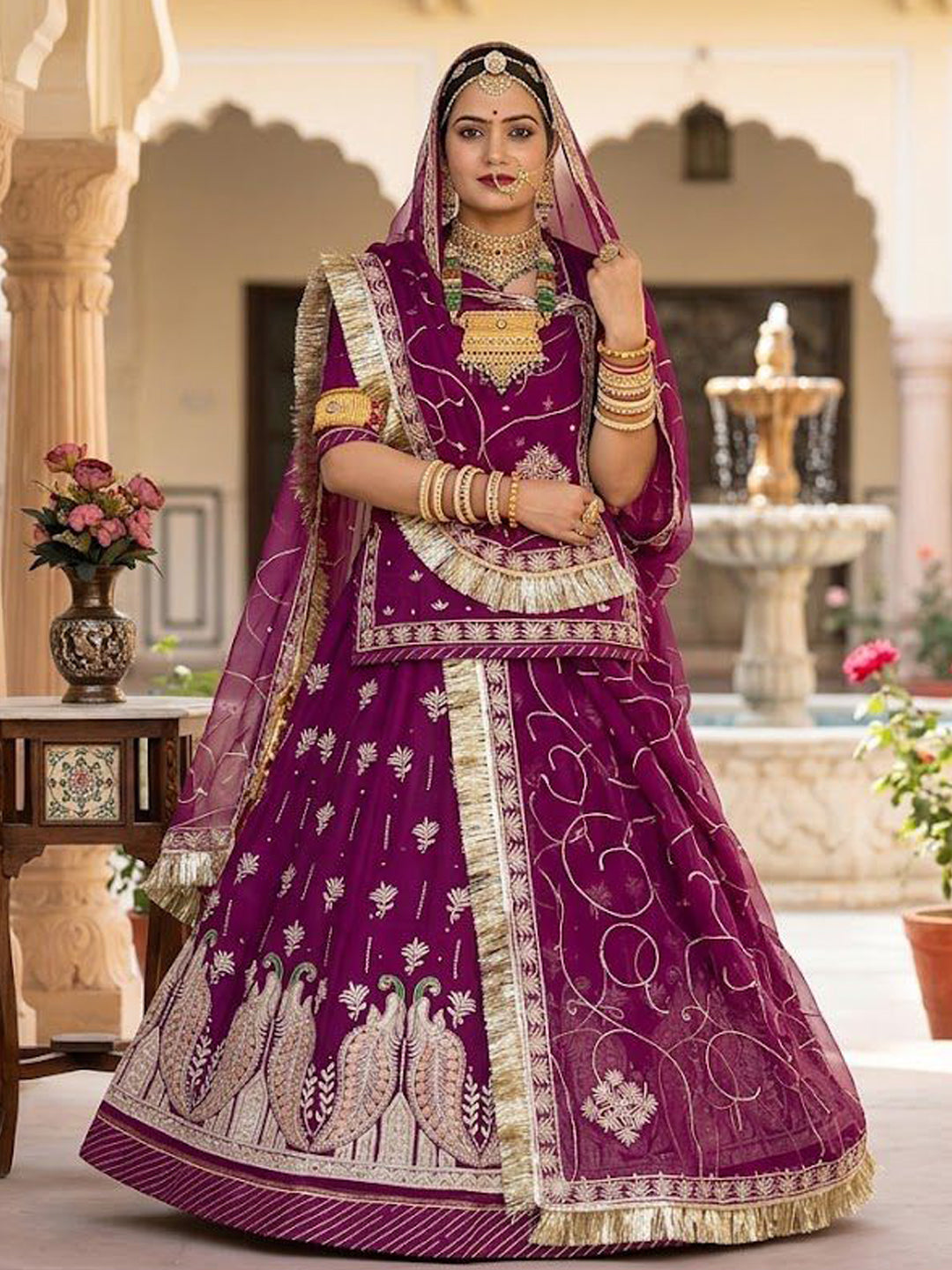 Purple Half Pure Rajputi Poshak with Traditional Lafa and Sequence Work-91928