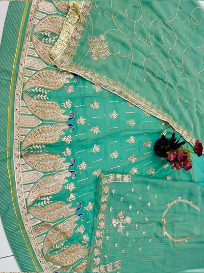 Green Half Pure Rajputi Poshak with Traditional Lafa and Sequence Work-91924