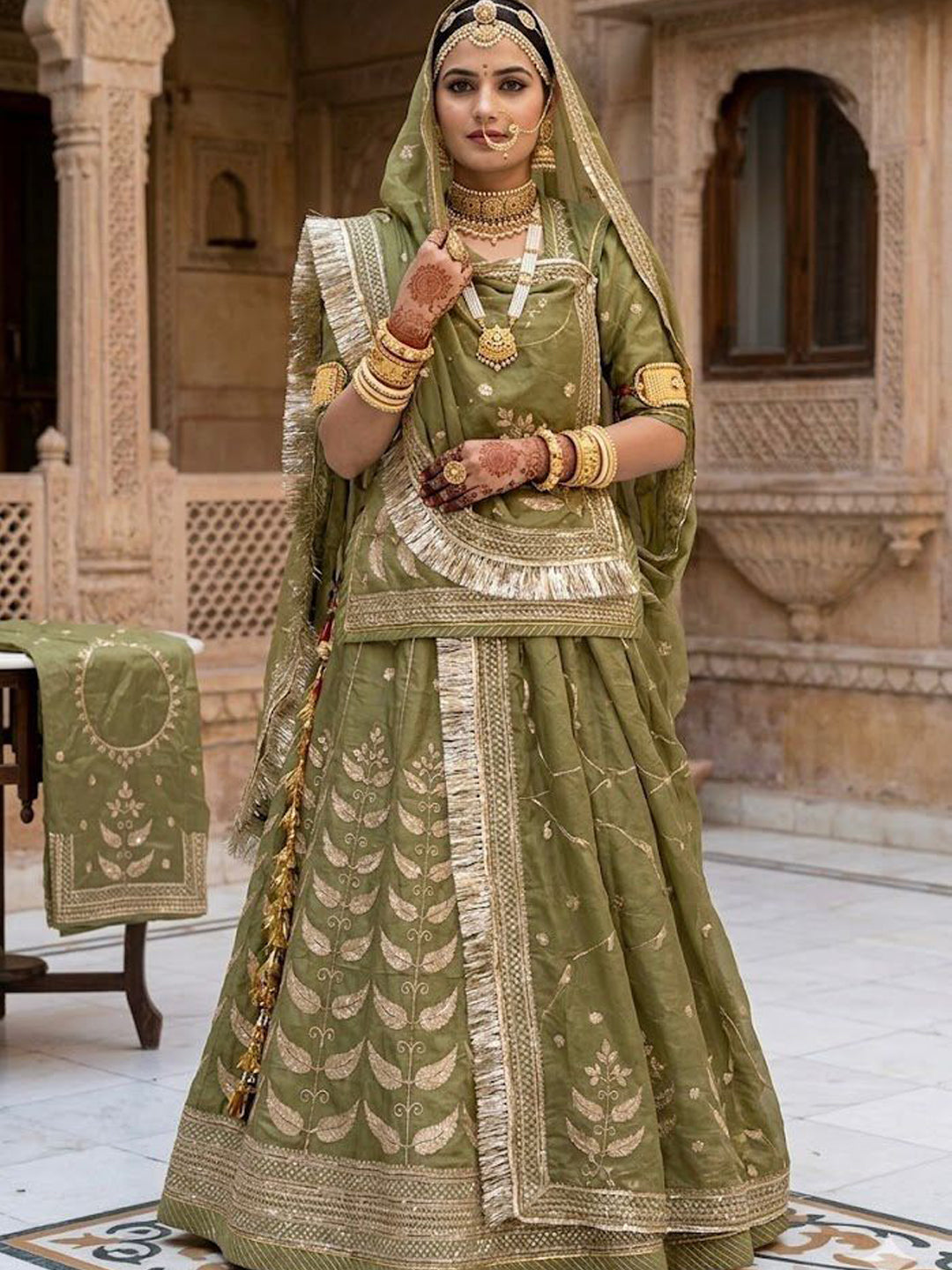 Mehendi Green Premium Crepe Silk Wedding Wear Vintage Rajputi Poshak for Women -91909