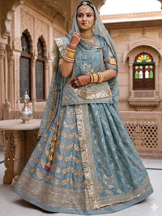 Light Grey Premium Crepe Silk Wedding Wear Vintage Rajputi Poshak for Women -91911