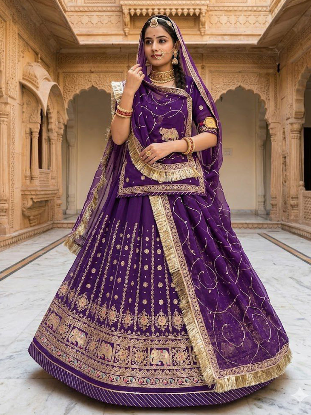 Purple Premium Half Pure Rajputi Poshak with Traditional Lafa and Sequence Work for Woman-91920