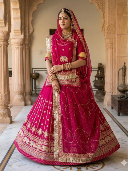 Pink Premium Half Pure Rajputi Poshak with Traditional Lafa and Sequence Work for Woman-91921