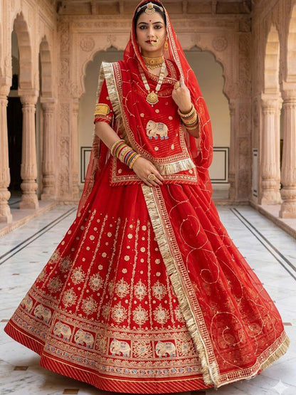 Red Premium Half Pure Rajputi Poshak with Traditional Lafa and Sequence Work for Woman-91922