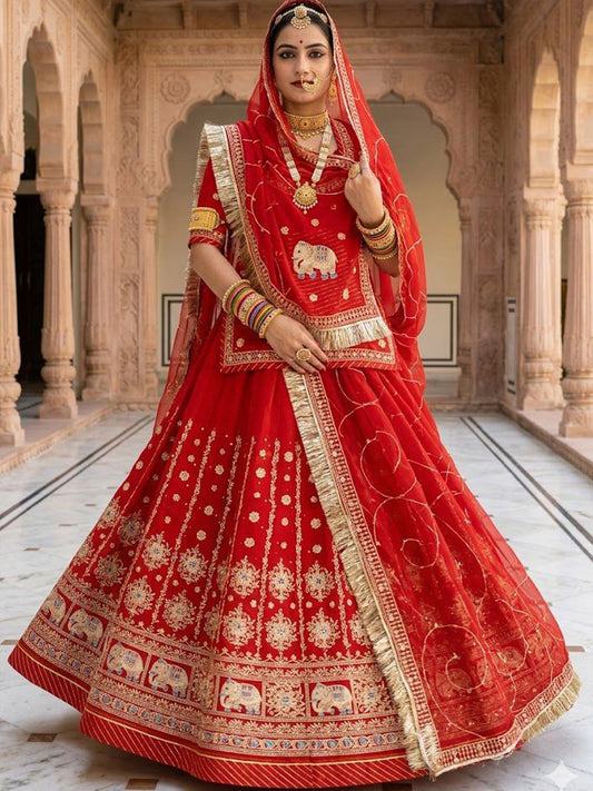 Red Premium Half Pure Rajputi Poshak with Traditional Lafa and Sequence Work for Woman-91922