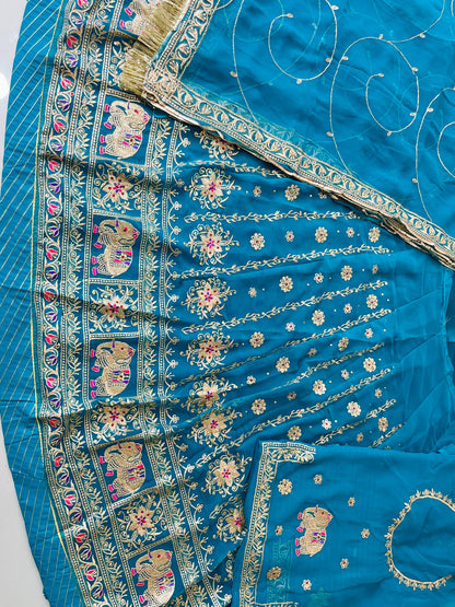 Blue Premium Half Pure Rajputi Poshak with Traditional Lafa and Sequence Work for Woman-91919
