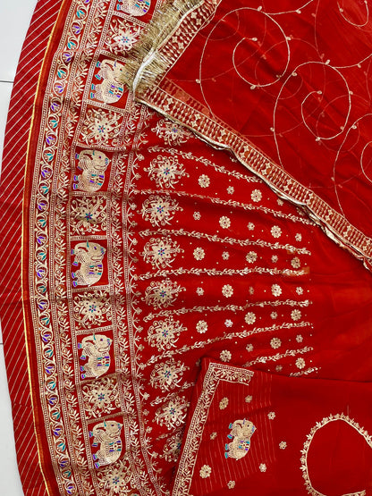 Red Premium Half Pure Rajputi Poshak with Traditional Lafa and Sequence Work for Woman-91922