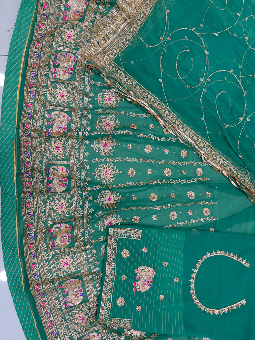 Green Premium Half Pure Rajputi Poshak with Traditional Lafa and Sequence Work for Woman-91917