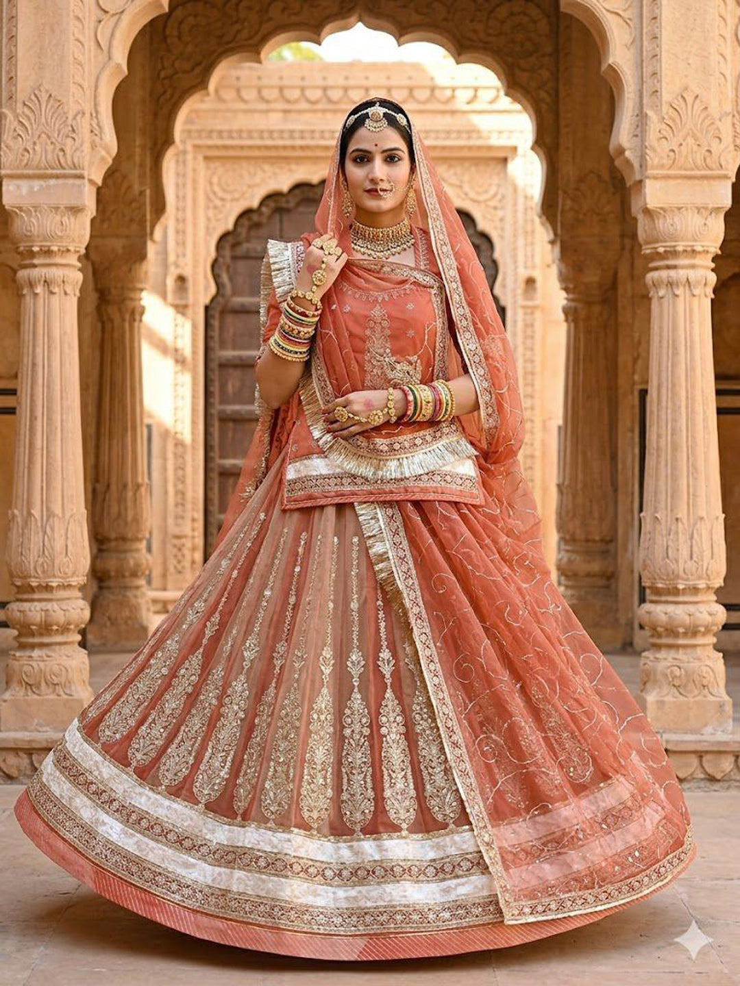 Premium Silk Wedding Wear Rajputi Poshak for Women in Peach-91948
