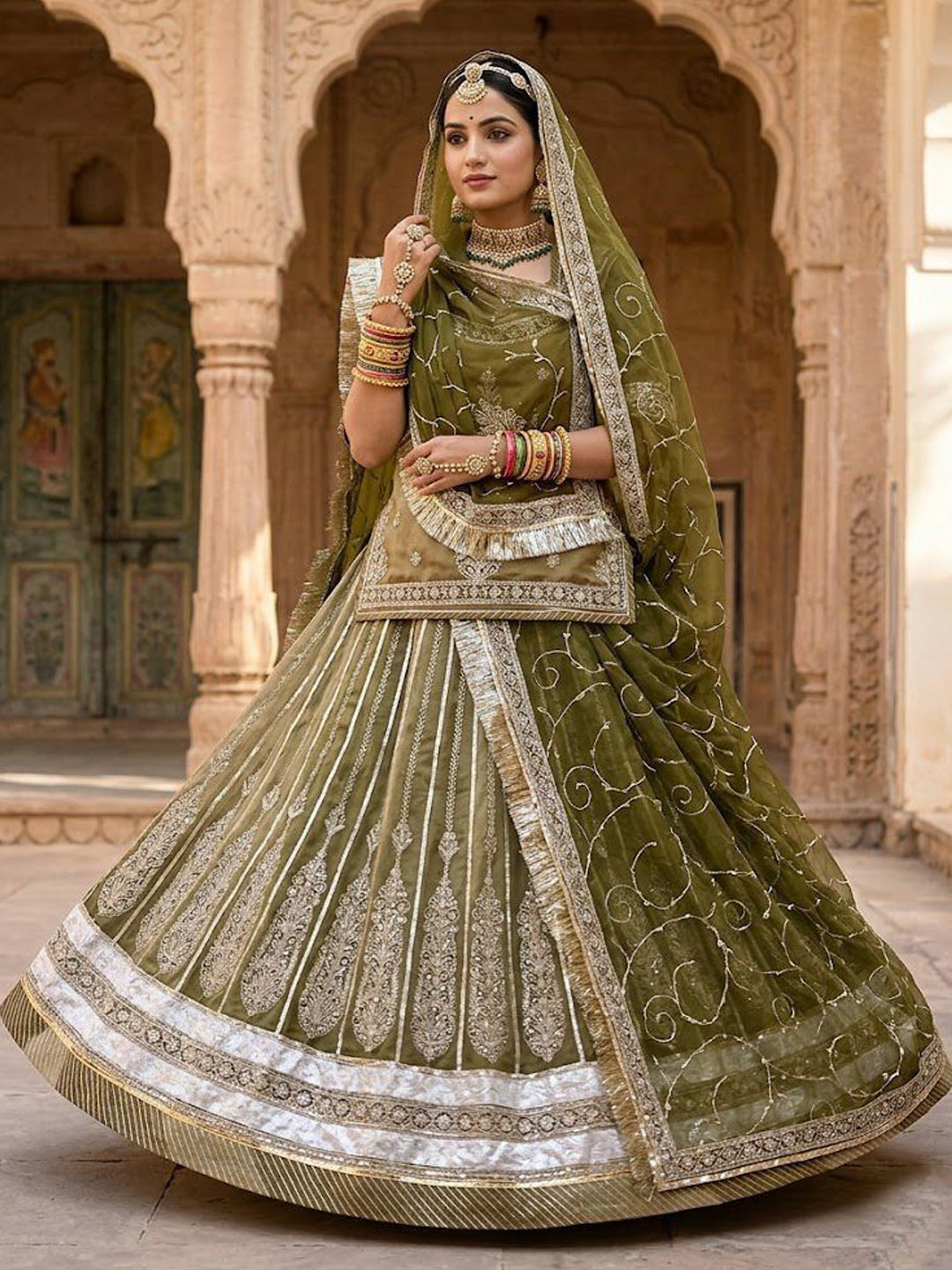 Premium Silk Wedding Wear Rajputi Poshak for Women in Green-91949