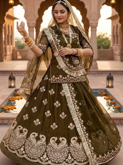 Premium Silk Wedding Wear Rajputi Poshak for Women in Mehendi Green-91948