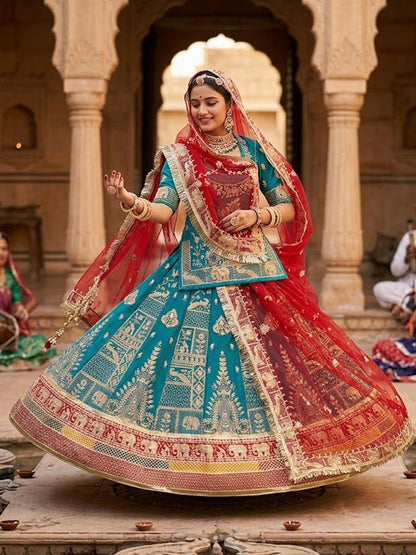 Royal Contrast Fandy Silk Rajputi Poshak Set with Grand 5 Meter Volume Flare-91972