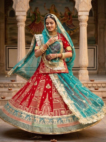 Royal Contrast Fandy Silk Rajputi Poshak Set with Grand 5 Meter Volume Flare-91973