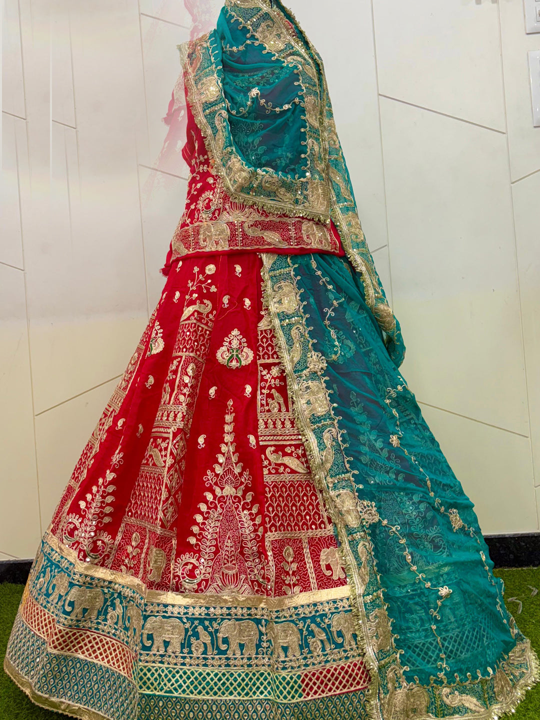 Royal Contrast Fandy Silk Rajputi Poshak Set with Grand 5 Meter Volume Flare-91973