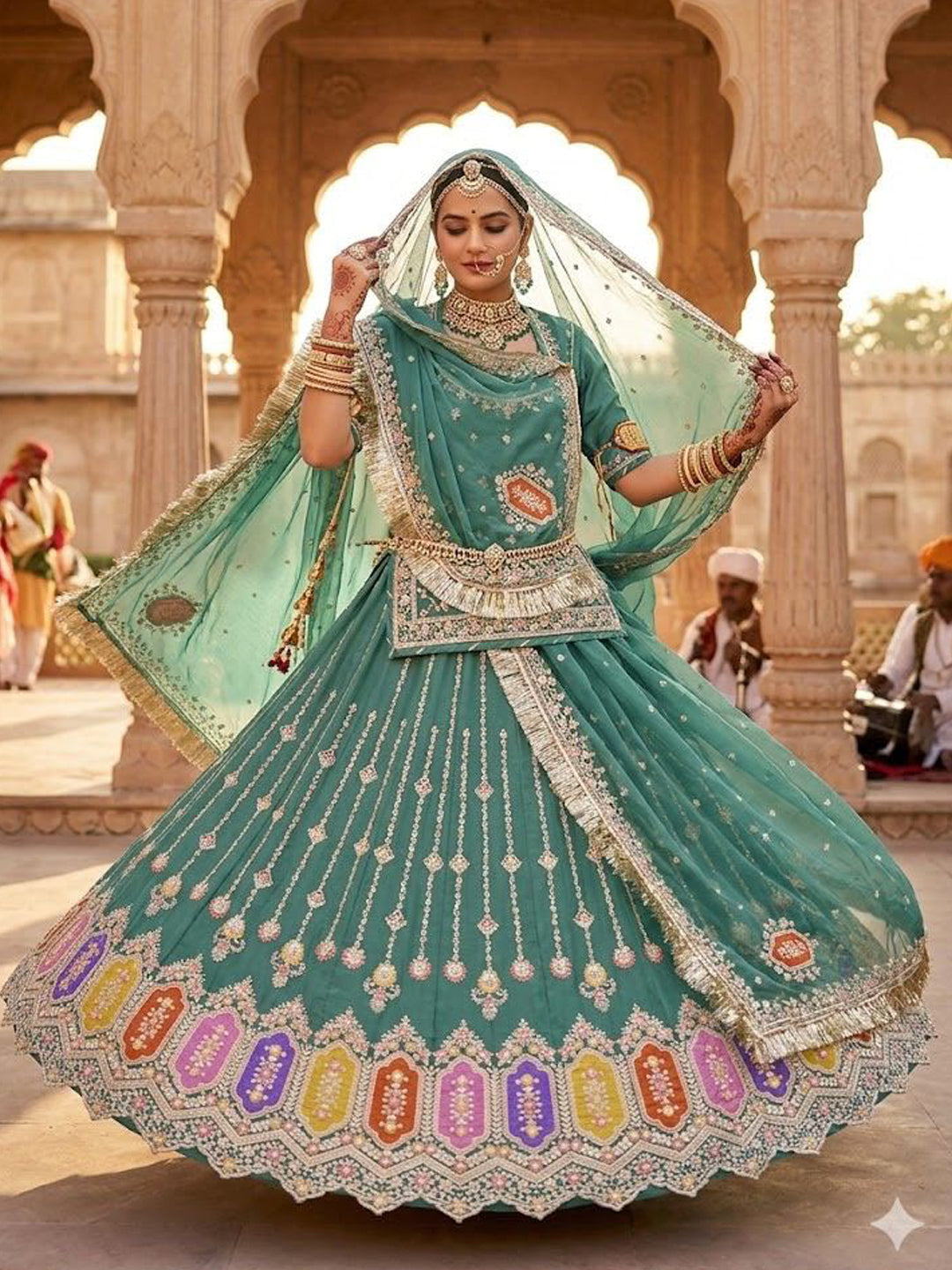 Premium Blue Fandy Silk Wedding Poshak – 4 Meter Volume Flare Partywear for Women -91962