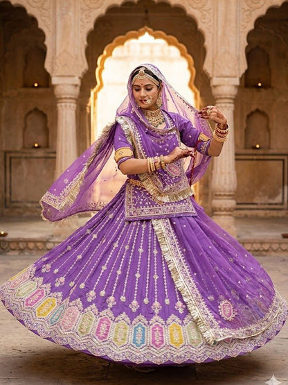 Premium Purple Fandy Silk Wedding Poshak – 4 Meter Volume Flare Partywear for Women -91963