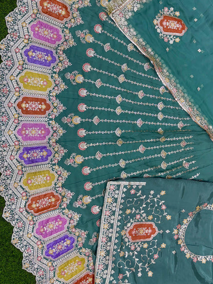 Premium Blue Fandy Silk Wedding Poshak – 4 Meter Volume Flare Partywear for Women -91962