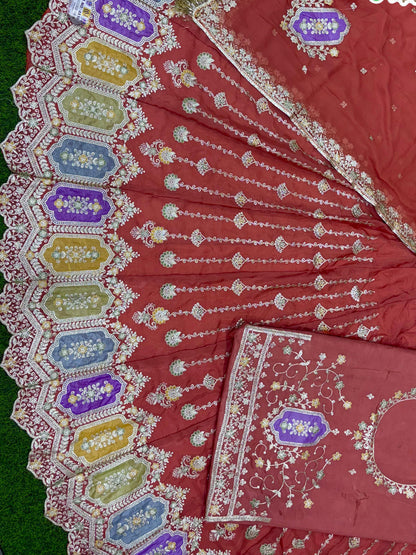Premium Peach Fandy Silk Wedding Poshak – 4 Meter Volume Flare Partywear for Women -91960