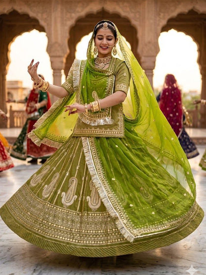 Sinduri Crush Part Wear Rajputi Poshak for Women in Green -91943