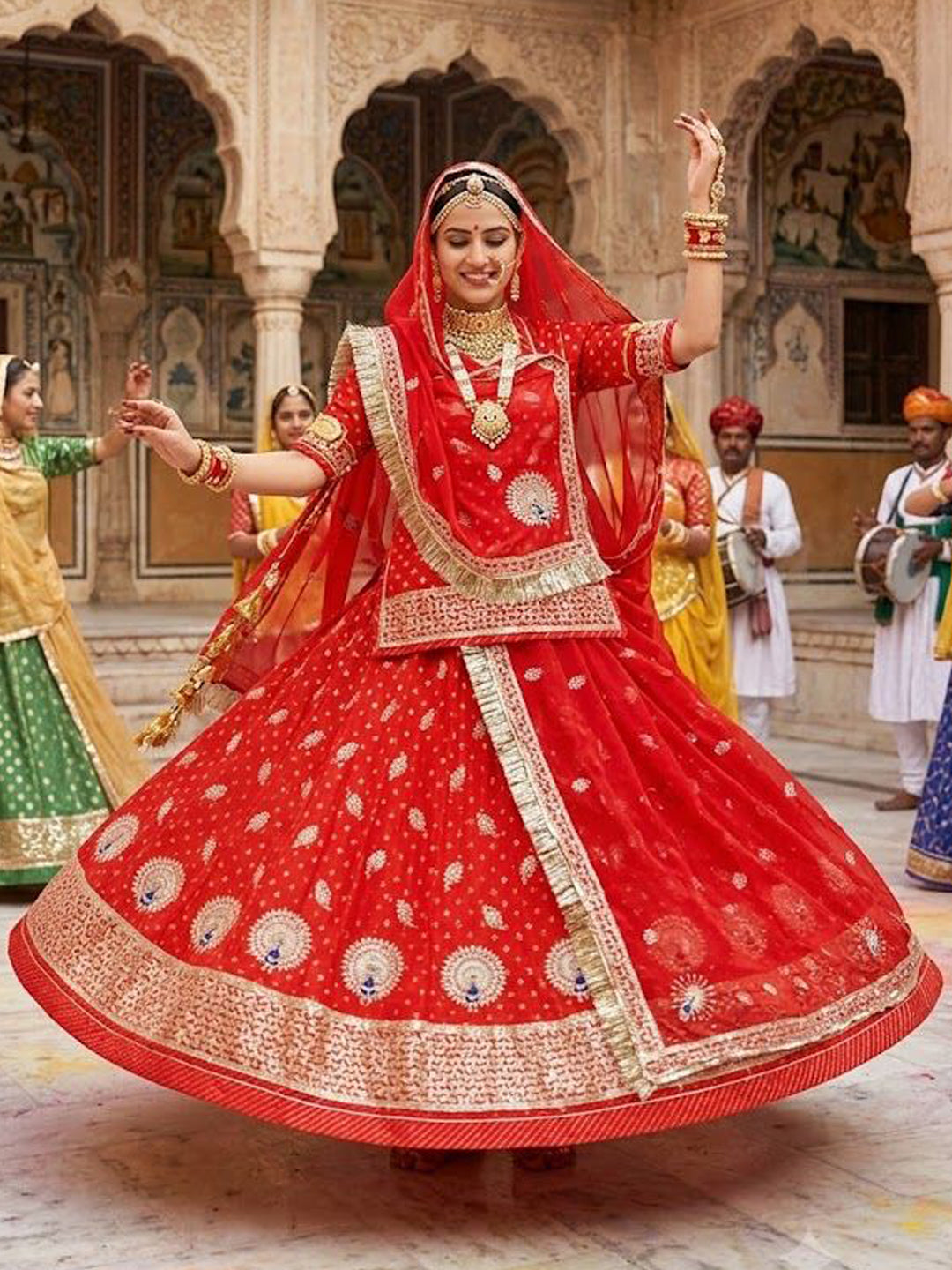 Banarshi 5.5 Meter flare Wedding Wear Rajputi Poshak for Women in Red -91956