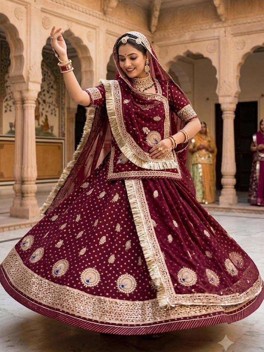 Banarshi 5.5 Meter flare Wedding Wear Rajputi Poshak for Women in Purple -91957