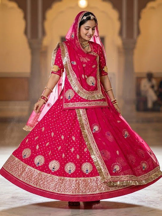 Banarshi 5.5 Meter flare Wedding Wear Rajputi Poshak for Women in Pink -91958