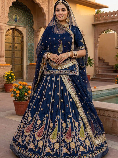 Fandy Silk Wedding Wear Rajputi Poshak for Woman in Blue -91954