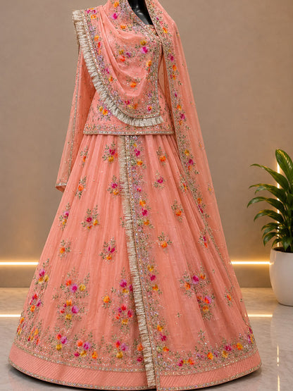 Heavy Organza Rajputi Poshak with Hand Brush Painting, Coding Zari Embroidery & Sequence Work-92008