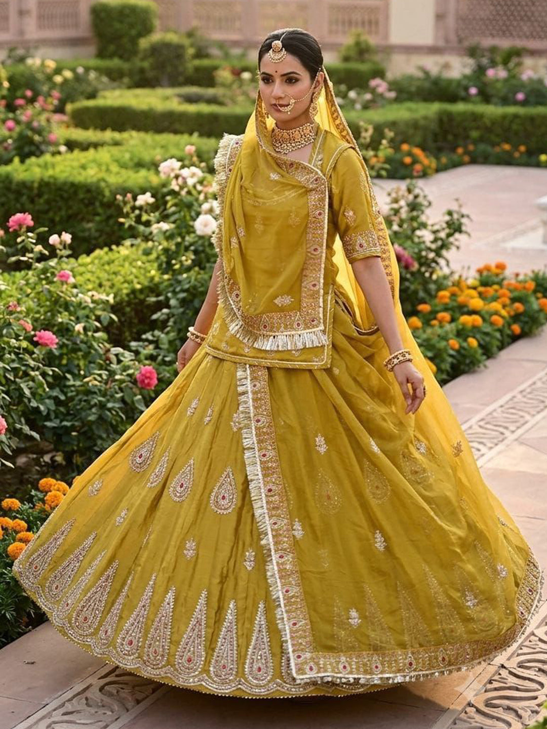 5 Meter Flare Glass Tissue Poshak - Vintage Rajasthani Rajputi Dress with Coding Zari-92019